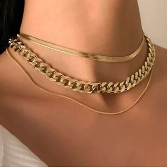 Multilayer Gold Plated Cuban Chain Link Herringbone Flat Snake Choker Necklace - Picture 2 of 7